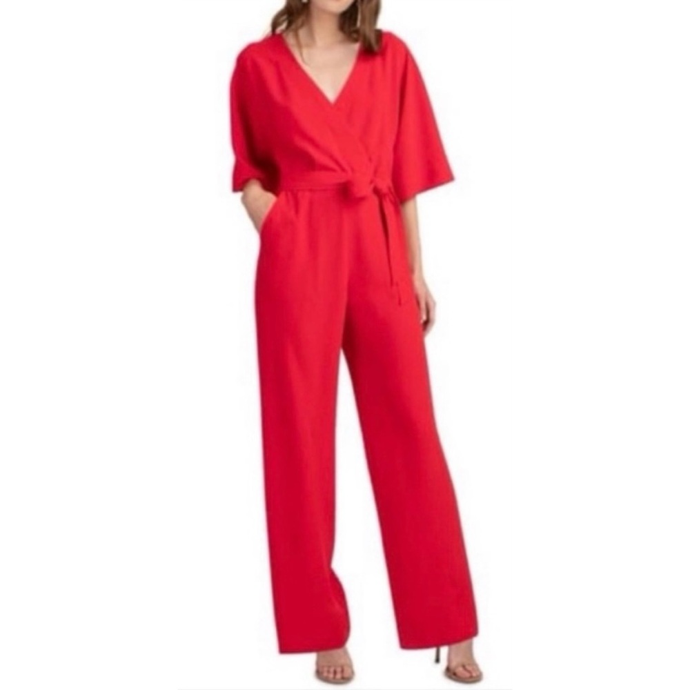 Trina Turk Red Crepe Wrap Short Sleeve V-Neck Romper Jumpsuit